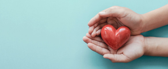 hands holding red heart, health care, love, organ donation, family insurance,CSR,world heart day, world health day, wellness, gratitude, be kind,be thankful,compliment  concept - obrazy, fototapety, plakaty