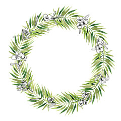 Watercolor vintage floral trendy laurels wreath. Green leaves and bunches with graphic black and white jasmine flowers isolated on white. Round border composition concept. Elegant template. For