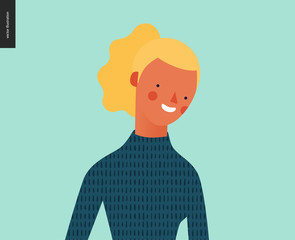 Bright people portrait - hand drawn flat style vector design concept illustration of young blond woman, face and shoulders avatar. Flat style vector icon
