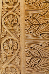 Italy, Apulia, Province of Lecce, Galatina. Basilica di Santa Caterina di Alessandri. Detail of stone carving design. Basilica di Santa Caterina di Alessandri.