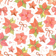 Christmas Winter Poinsettia Flowers Seamless Background, Floral Pattern Print in vector