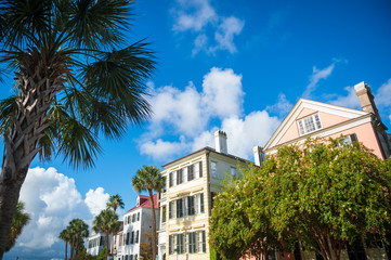 Brightly colored colonial architecture in the historical heart of the Battery neighborhood in Charleston, South Carolina, USA