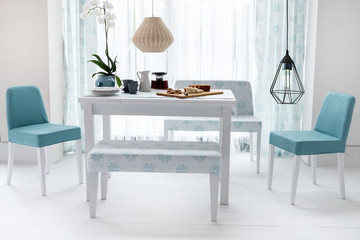 dining table with curtains and windows design chairs, home, office and hotel interior design