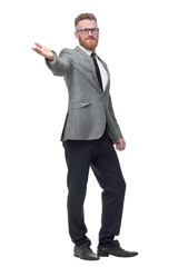 friendly businessman welcoming you. isolated on white