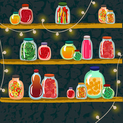Homemade canned vegetables in jars stand on shelves in the cellar. Vector illustration