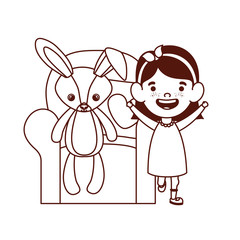 cute little girl baby in living room with rabbit toy character