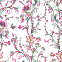 Baroque seamless pattern, floral vintage print on a white background, hand made graphic drawing