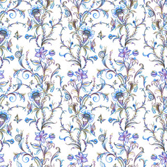 Baroque seamless pattern, floral vintage print on a white background, hand made graphic drawing