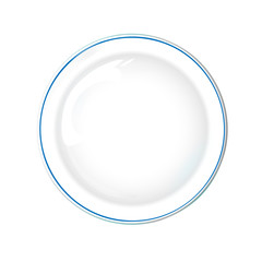 Plate white color with blue border, isolated vector object on a transparent background. Kitchen dishes for food, Illustration element for your product, food ads, tableware design.