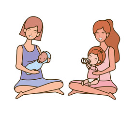 cute pregnancy mothers seated lifting little babies characters