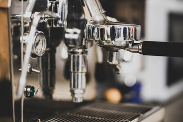 Closeup images of homemade coffee and coffee machine