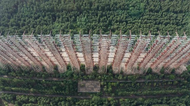 Top view of array within Chernobyl exclusion zone, Duga was system used as part of Soviet missile defense early-warning radar network. Aerial shot of steel giant Duga also known as Russian Woodpecker