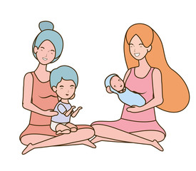 cute pregnancy mothers seated lifting little babies characters