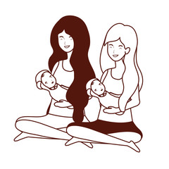 cute pregnancy mothers seated lifting little babies characters