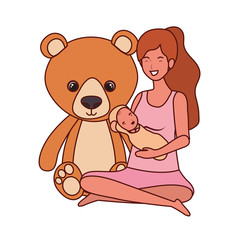 cute pregnancy mother seated with little boy characters