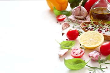 Herbs and spices on white background. Top view with copy space.