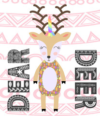 Deer hand drawn illustration. Wild animal with antlers drawing in scandinavian style. Cute cartoon reindeer character poster.