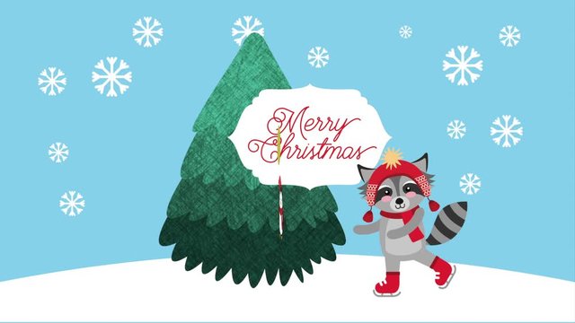 happy merry christmas card with cute raccoon and penguin