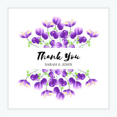 Wedding floral thank you card with beautiful purple flower frame