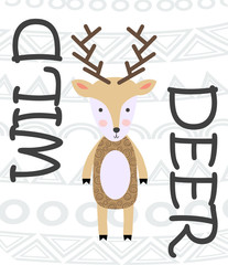 Deer hand drawn illustration. Wild animal with antlers drawing in scandinavian style. Cute cartoon reindeer character poster.