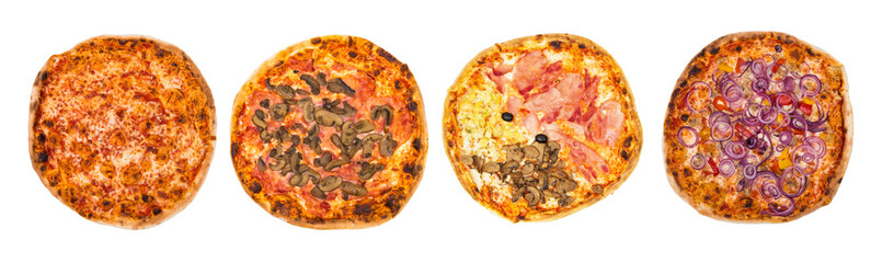 Four Original Italian different pizza set for menu or banner. Margherita, Mushrooms, Four Season, Peperoni and Onions. White background. Concept Pizza delivery service to home