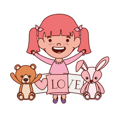 cute little girl baby with stuffed bear and rabbitt