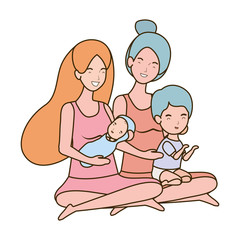 cute pregnancy mothers seated lifting little babies characters