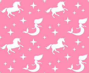Vector seamless pattern of white unicorn and mermaid silhouette isolated on pastel pink background