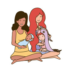 interracial pregnancy mothers seated lifting little babies characters