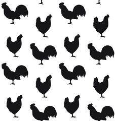 Vector seamless pattern of black chicken and rooster silhouette isolated on white background