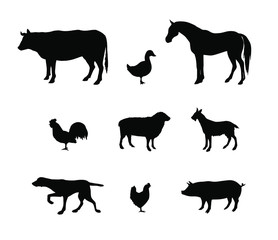 Vector black set bundle of domestic animals silhouette isolated on white background