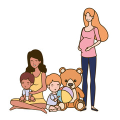 interracial pregnancy mothers seated lifting little babies characters