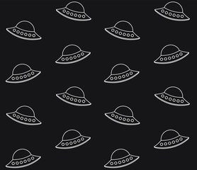 Vector seamless pattern of outline alien ufo isolated on black background