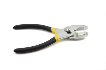 A close up image of a pair of black and yellow handled pliers isolated on a white background