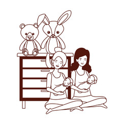 cute pregnancy mothers with little babies characters