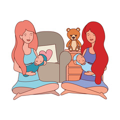 cute pregnancy mothers seated lifting little babies in the bedroom