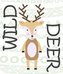Cute cartoon deer. Composition with folk art animals and floral decor elements. Scandinavian style