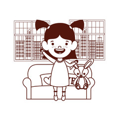 cute little girl baby in living room with rabbit toy character