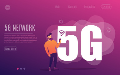 Man with gadget use high-speed Internet vector illustration. 5G network wireless technology. Small man and big 5G sign. Flat cartoon style. Vector illustration