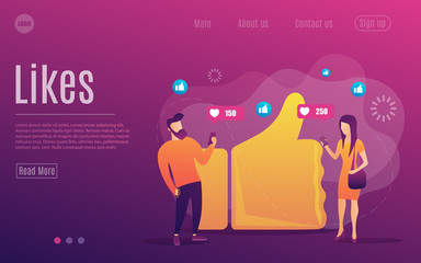 Business people with smartphones and tablet get like notifications. Likes addiction, social media madness concept.Web page template. Vector illustration