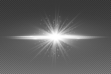 Abstract white light effect isolated on transparent background. Glowing star with flying luminous particles. Random neon lines. Vector illustration