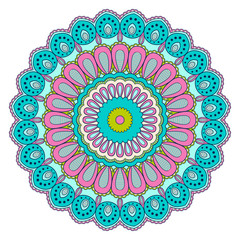 Decorative colorful ethnic mandala pattern. Design element for greeting card, banner or poster in oriental style. Hand drawn illustration