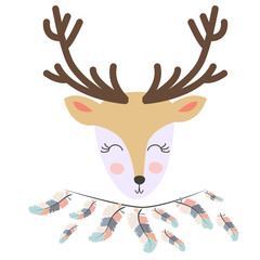 Hand drawn illustration of a cute tribal deer in headband with feathers. Scandinavian style flat design.