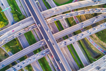 Aerial view transport junction road car movement with sunset light