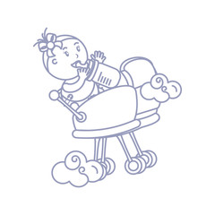 cute girl newborn in baby cart isolated icon