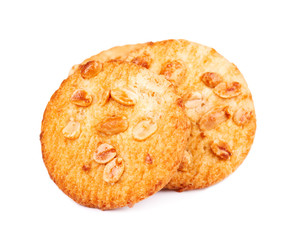 Cookies with peanuts isolated on white background. Cookies with with nuts and caramel. Sweet biscuits. Homemade pastry.