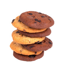 Double chocolate chip cookies isolated on white background. Cookies with chocolate drops. Sweet biscuits. Homemade pastry.