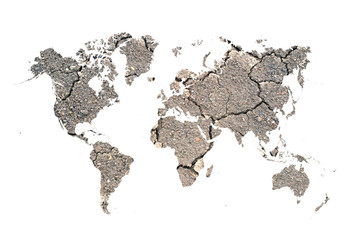 world map of dry and crack on white background