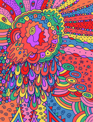 Fantastic cartoon abstract doodle with flower and drops. Colorful and bright line drawing. Naive art style. Vector illustration
