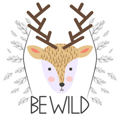 Deer for children in scandinavian style. Postcard of forest animals with the inscription.